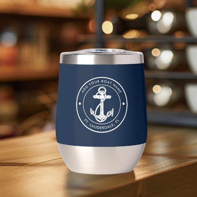 Nombre del barco del ancla azul de la Marina Náuti (Custom Nautical Navy Blue Anchor Boat Name Thermal Wine Tumbler)