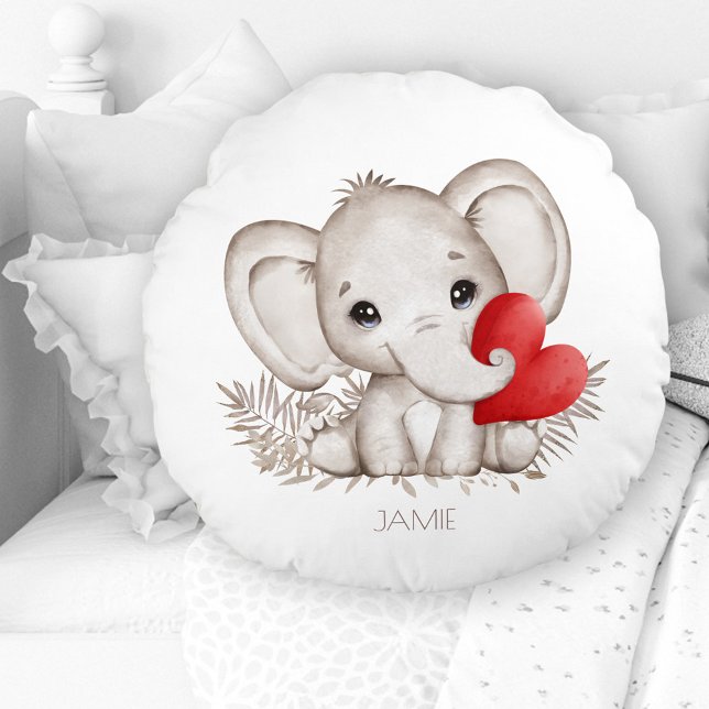 Nombre del elefante corto Nursera Almohada redonda (Cute Elephant Name Nursery Round Pillow)