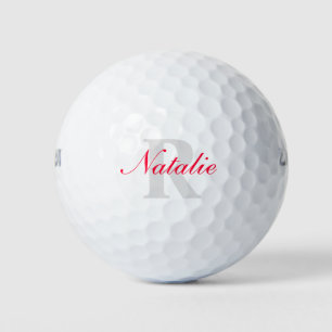 Nombre del monograma gris rojo golf y bolas de gol