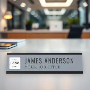 Nombre Elegante Placa de Empleado con Logo Gris Azul Piza
