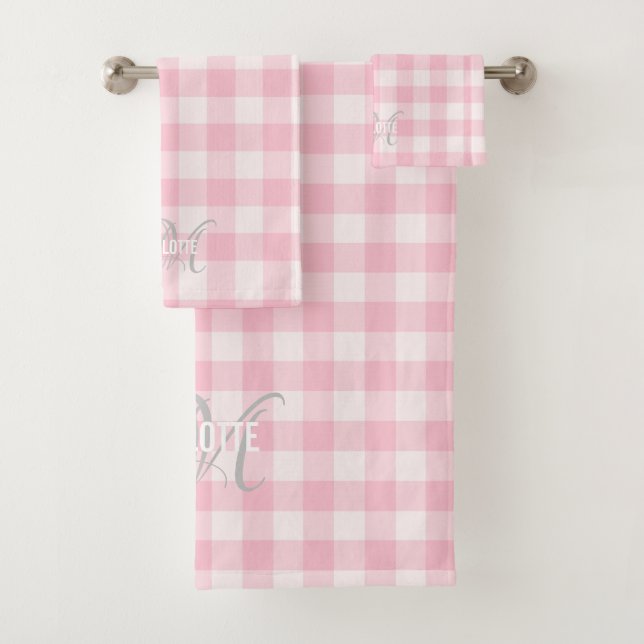 nombre en monograma de gingham blanco rosado de mo (In situ)