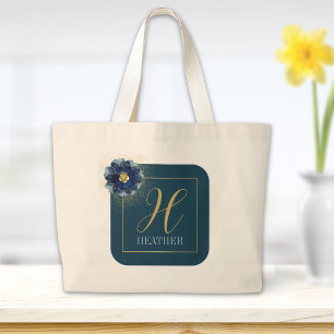 Nombre floral de oro azul moderno y bolsa de tocad
