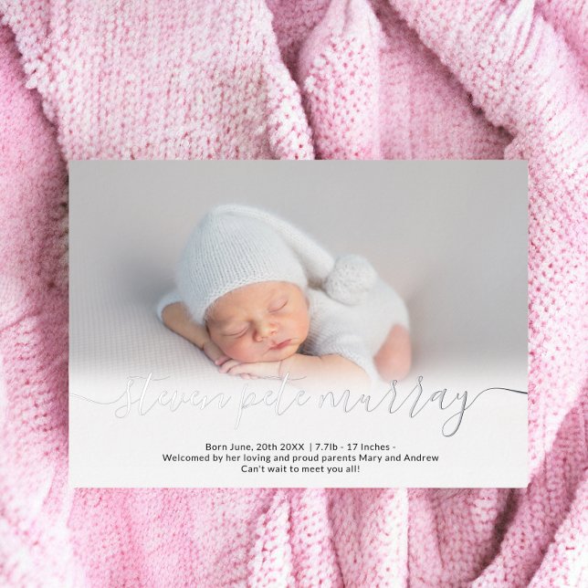 Nombre guión foto anuncio de nacimiento de bebé pl (Name script photo baby birth announcement silver)