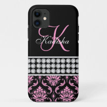 Nombre monograma negro Damasco rosa iPhone 5 Funda