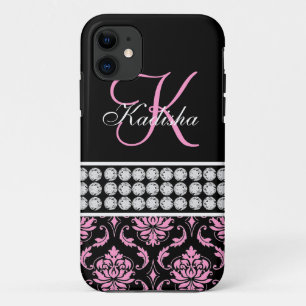 Nombre monograma negro Damasco rosa iPhone 5 Funda