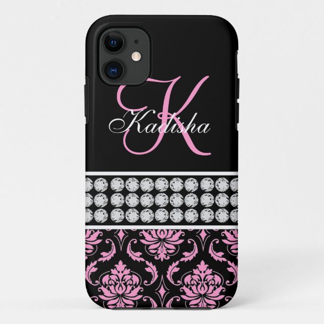 Nombre monograma negro Damasco rosa iPhone 5 Funda (Reverso)