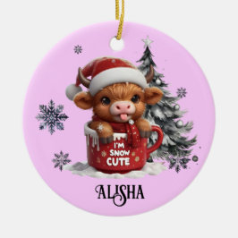 Nombre Ornamento de Navidad nevando linda vaca Hig