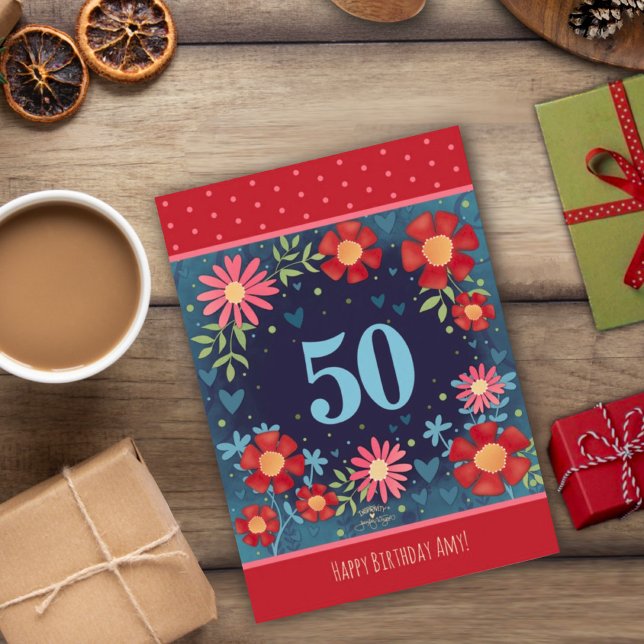 Nombre personalizado 50º cumpleaños Tarjeta floral (Subido por el creador)