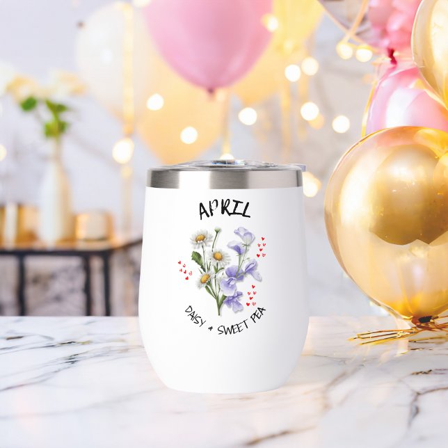 Nombre personalizado APRIL Nacimiento Mes Flor cri (Pretty APRIL birth month flower design on thermal wine tumbler with customizable name & Bible verse.)