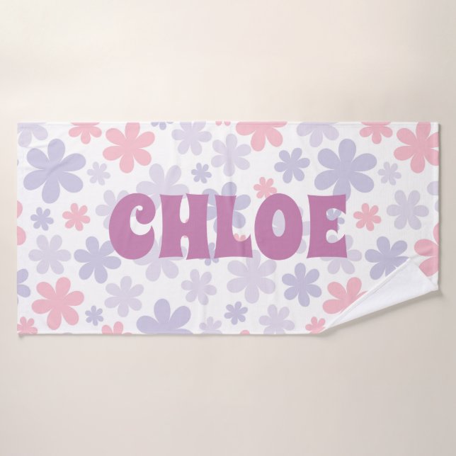Nombre personalizado de color rosa y morado Groovy (Toalla de baño)