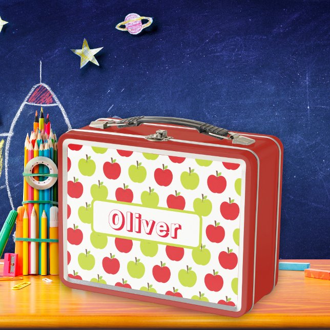Nombre personalizado de fruta verde y manzana roja (Green and Red Apple fruit personalized name Metal Lunch Box)