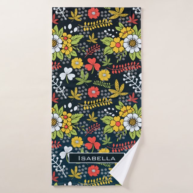 Nombre personalizado de patrón floral de flor colo (Toalla de baño)