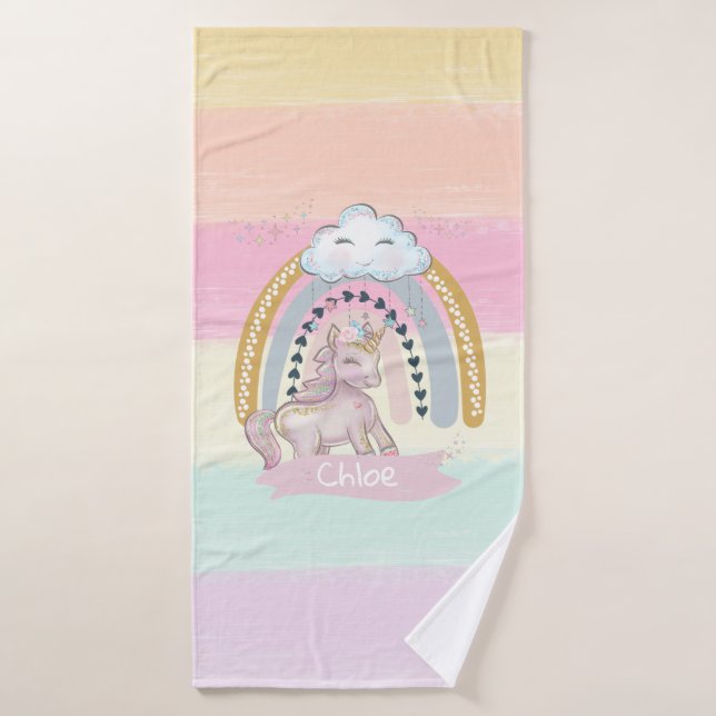 Nombre personalizado del Chica 🦄 Rainbow Unicorn (Toalla de baño)