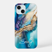 Nombre Personalizado Elegante Mármol Azul Dorado M