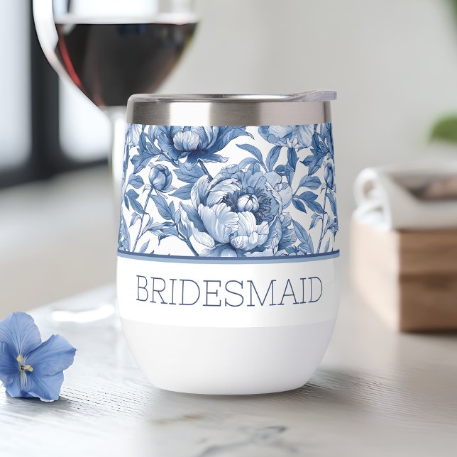 Nombre Personalizado Floral Azul de Dama de Honor  (Personalized Name Blue Floral Bridesmaid Flower Thermal Wine Tumbler)