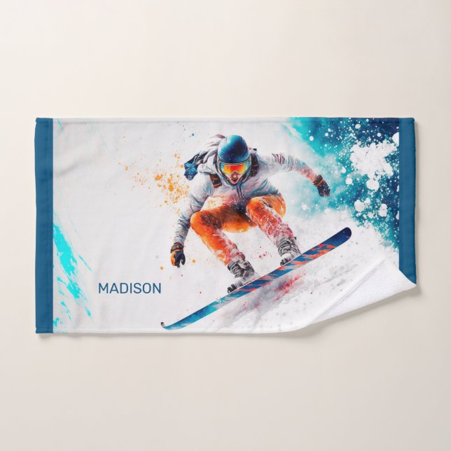 Nombre personalizado Ilustracion Snowboarder (Toalla de mano)