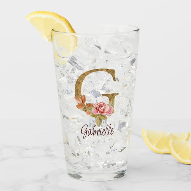 Nombre personalizado letra G rosa claro rosas oro  (Anverso (hielo))