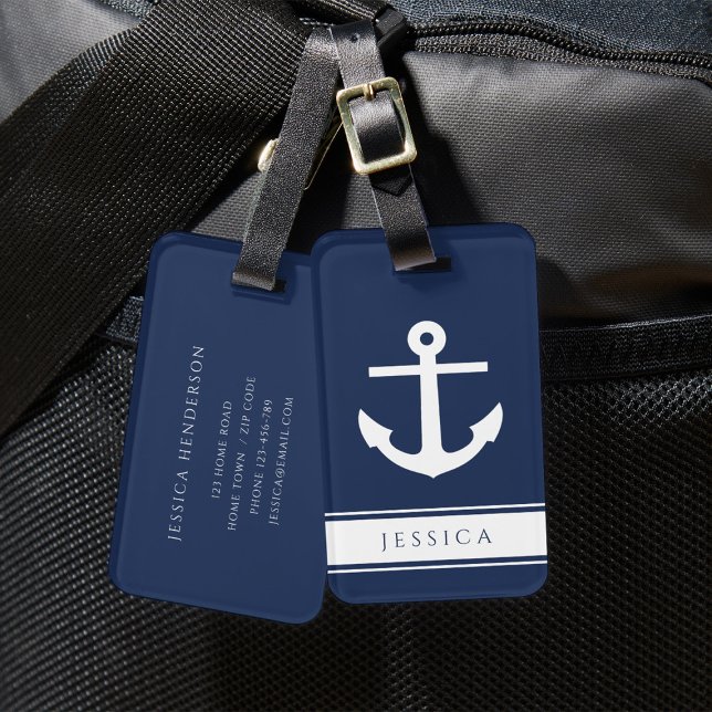 Nombre personalizado Navy etiqueta de equipaje azu (Nautical Anchor Custom Name Navy Blue Luggage Tag)