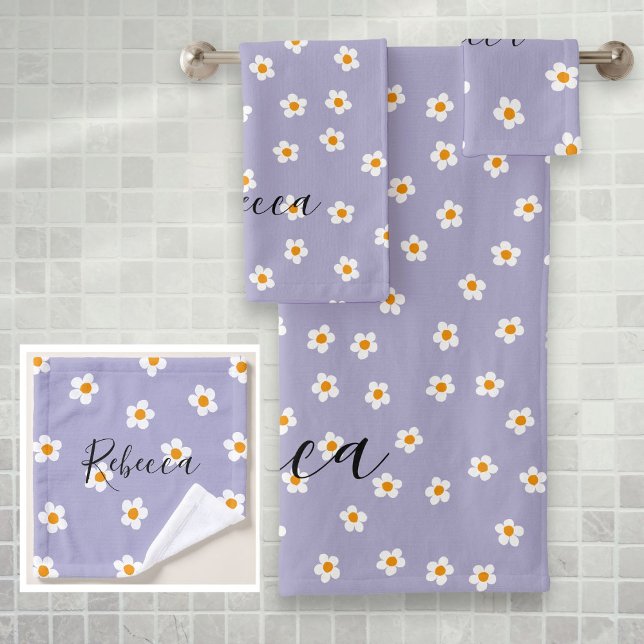 Nombre Personalizado Patrón de Margarita Moderna L (Personalized Name Cute Modern Daisy Pattern Purple Bath Towel Set)