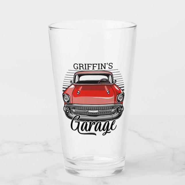 NOMBRE personalizado Retro Red Classic Car Garage (Anverso)