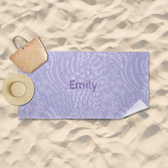 Nombre personalizado Toalla de playa -Shell de mar (Purple Ocean Scene Beach Towel)