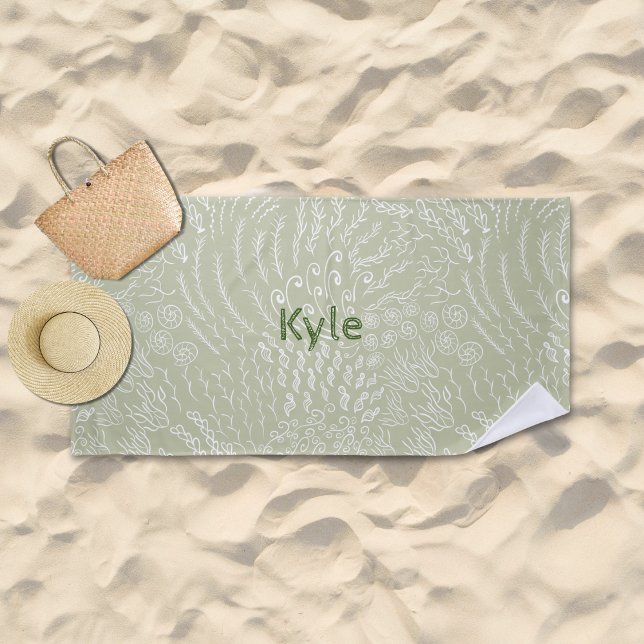 Nombre personalizado Toalla de playa -Shell de mar (Sage Ocean Scene Beach Towel
)