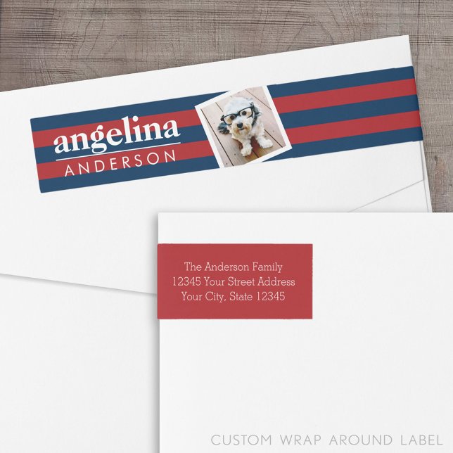 Nombre personalizado y foto del patrón rayado rojo (Custom Return Address Label with a Wrap Around Feature)