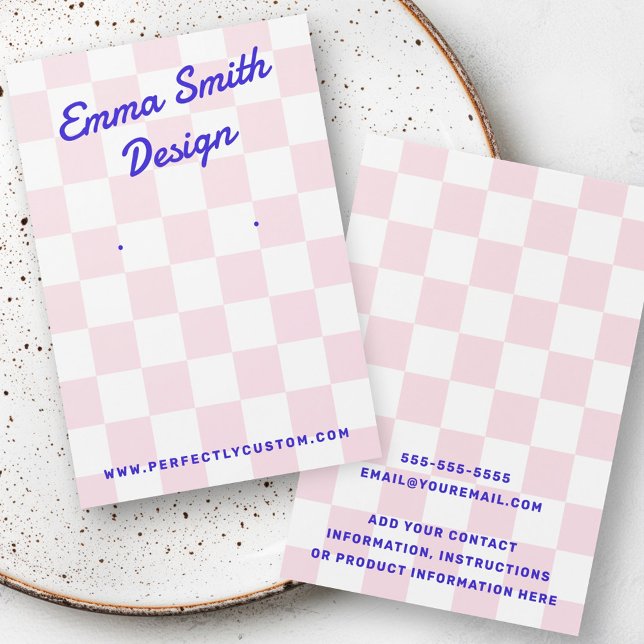 Nombre retro tarjeta de canalización de damas blan (Retro name light pink white checkers earring card)