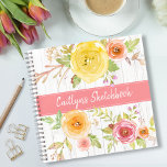 Nombre rústico del cuaderno de dibujo de color ros<br><div class="desc">Esta es una manera maravillosa de seguir el rastro de todos sus dibujos y garabatos. Disfrute de esbozar sus ideas visuales diarias en este hermoso, moda, romántico, vintage floral de nombre personalizado cuadrado, cuaderno de sketchbook espiral. Las flores rústicas amarillas, naranjas, rojas y rosadas de color acuático dominan un fondo...</div>
