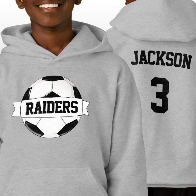 Nombre y número del equipo y jugador de los Person (Soccer team hoodie with personalized soccer team name, player name and player jersey number.)