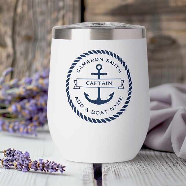 Nombre y título del barco de anclaje y cuerda (Anchor and rope boat name and title thermal wine tumbler)