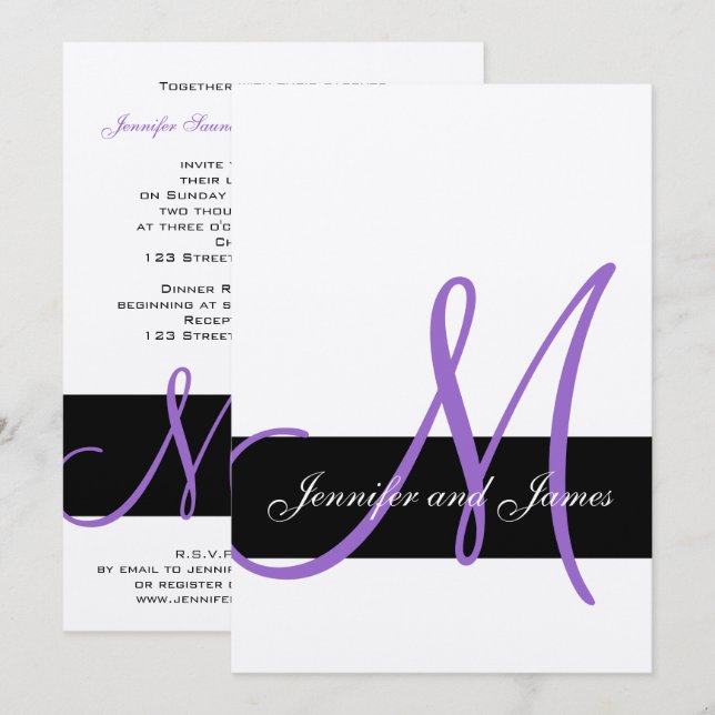 Nombres de monograma púrpura de invitación a matri (Anverso / Reverso)