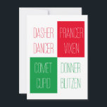 NOMBRES DE RENO Tarjeta plana de Navidad 4.25x6.25<br><div class="desc">El diseño en esta tarjeta de Navidad plana de 4, 5 "x 6, 25" REINDEER NAMES incluye todos los nombres de los renos de Santa. Escriba fácilmente un nombre diferente para reemplazar cualquiera de los existentes, o cambie "Feliz Navidad" en la parte posterior con "Personalice esta plantilla". Cambie el tamaño...</div>