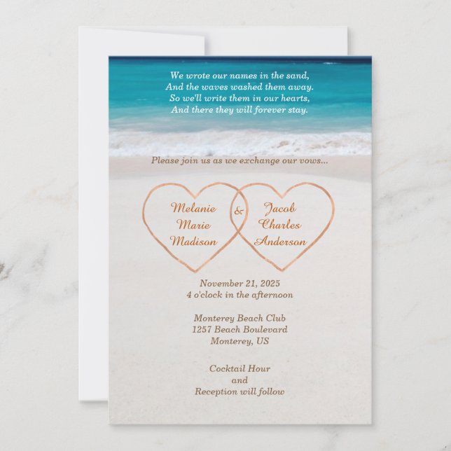 Nombres en Corazones en la Invitación de Boda de P (Anverso)