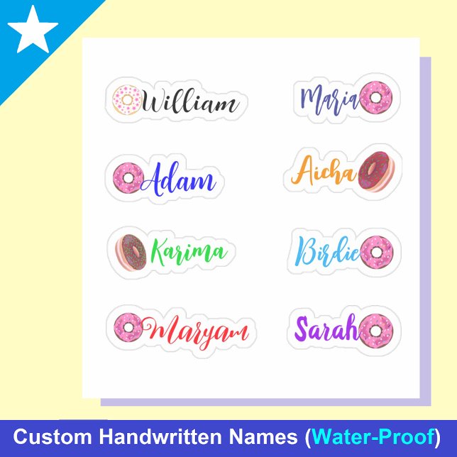 Nombres escritos a mano y donas: Pegatinas imperme (Personalized donut Stickers for Kids)