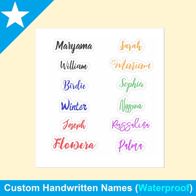 Nombres manuscritos coloridos | Pegatinas impermea (Personalized name stickers for kids)