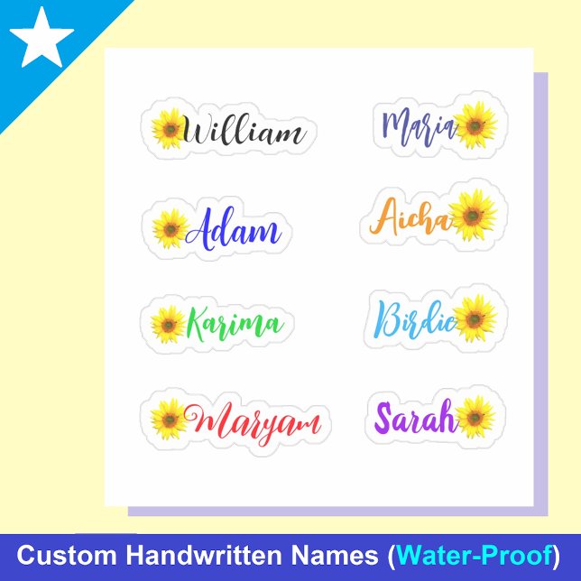 Nombres manuscritos, girasoles: calcomanías imperm (These vibrant, waterproof stickers combine the cheerful charm of sunflowers with the elegant touch)