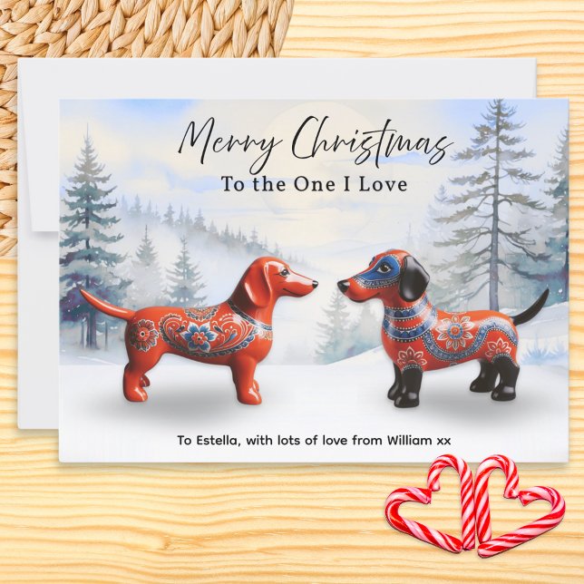 Nordic Dachshunds Nieve Navidad Personalizada (A Christmas card to 'The One I Love' in Nordic style, featuring two decorated dachshunds in the snow)