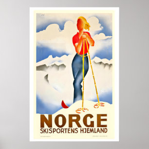 Noruega la patria del esquí Póster vintage de esqu