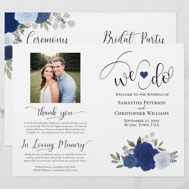 ¡Nos Casamos! Programa de Boda Azul Boho Rosas DIY (Anverso / Reverso)