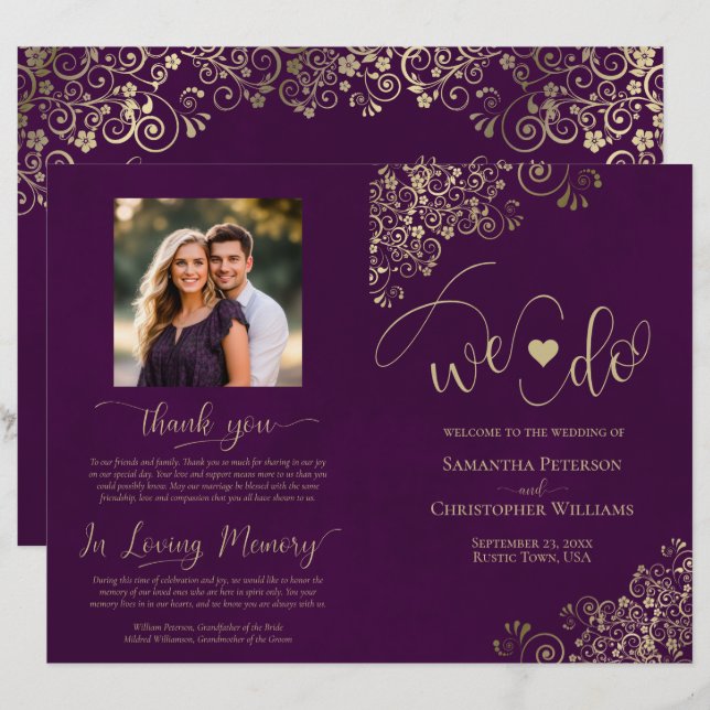 ¡Nos Casamos! Programa de Boda DIY Plegable Morado (Anverso / Reverso)