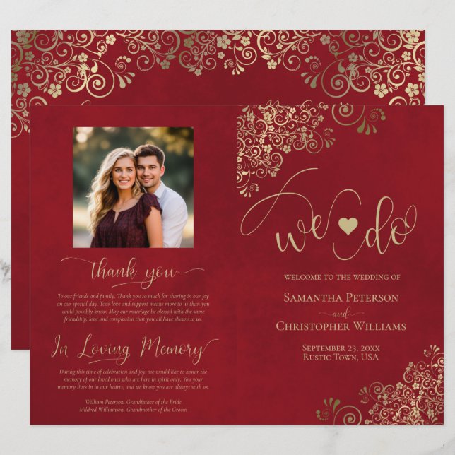 ¡Nos Casamos! Programa de Boda Rojo y Dorado Elega (Anverso / Reverso)