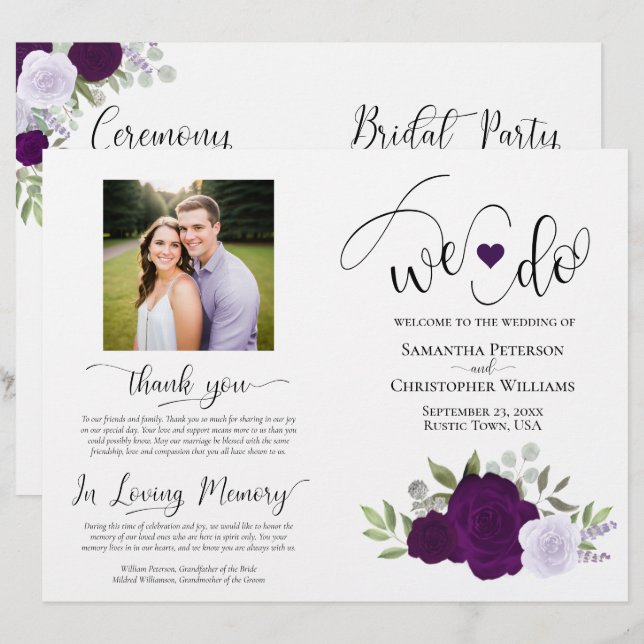 ¡Nos Casamos! Rosas Boho Purpura Programa de Boda  (Anverso / Reverso)