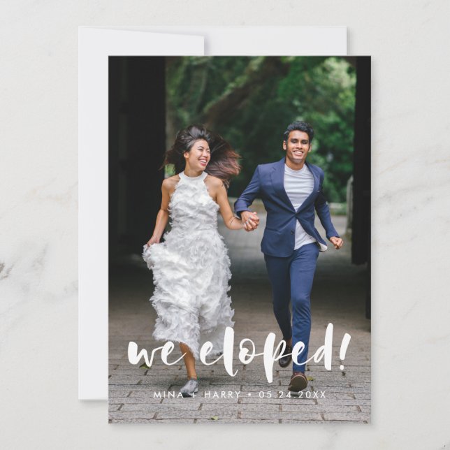 Nos escapamos Tarjeta de foto de boda con guión mo (Anverso)