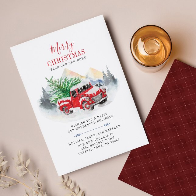 Nos hemos mudado con la Invitación navideña en mov (Merry Christmas Red Truck Moving Announcement Front and Back)
