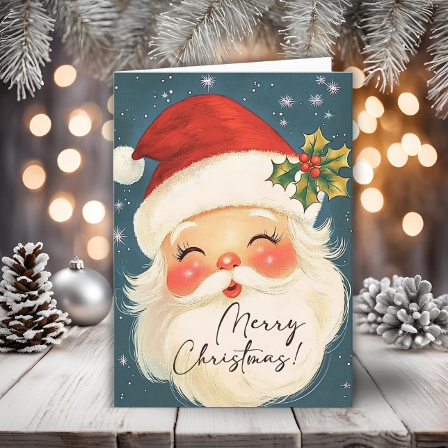 Nostálgica azul Feliz Navidad Santa Personalizada (Nostalgic Blue Merry Christmas Santa Personalized Holiday Card)