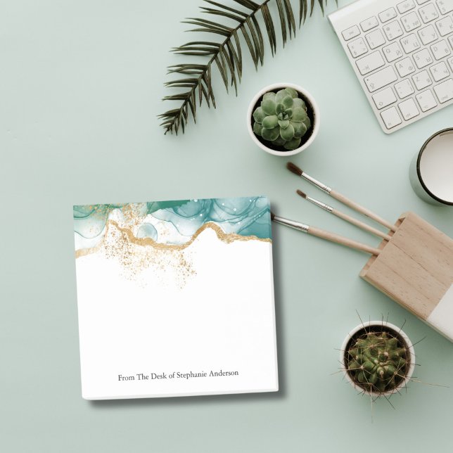 Nota adhesiva de tinta alcohólica con brillo dorad (Green Marble Watercolor Wash Alcohol Ink Gold Glitter Small Business  Personalized Post it notes)