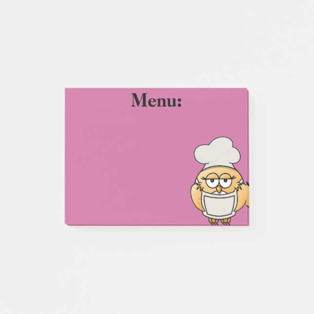 Nota adhesiva rosa del menú del chef búho lindo (Anverso)