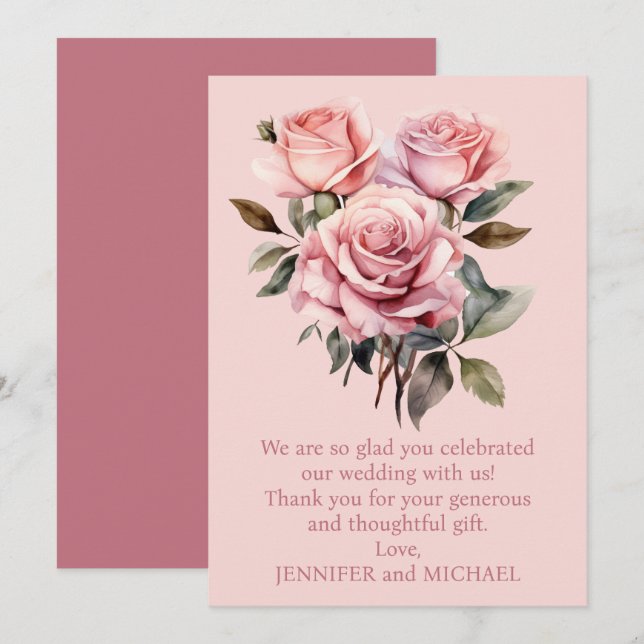 Nota de agradecimiento de boda con rosas rosadas (Anverso / Reverso)