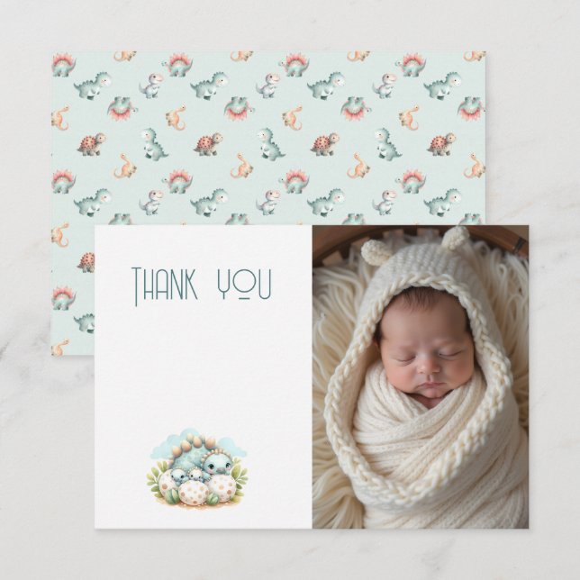 Nota de agradecimiento de foto de Baby Shower Dino (Anverso / Reverso)